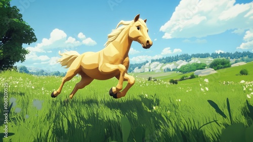 Palomino horse galloping joyfully in a lush green field showcasing beauty and freedom photo