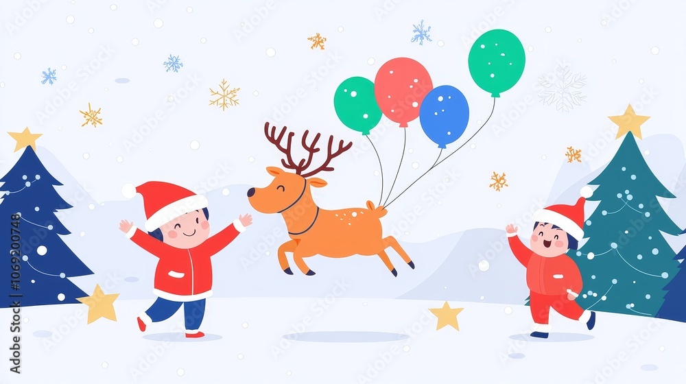 Children celebrate christmas with joyful balloons and a flying reindeer in winter wonderland Children celebrate christmas with joyful balloons and a flying reindeer in winter wonderland