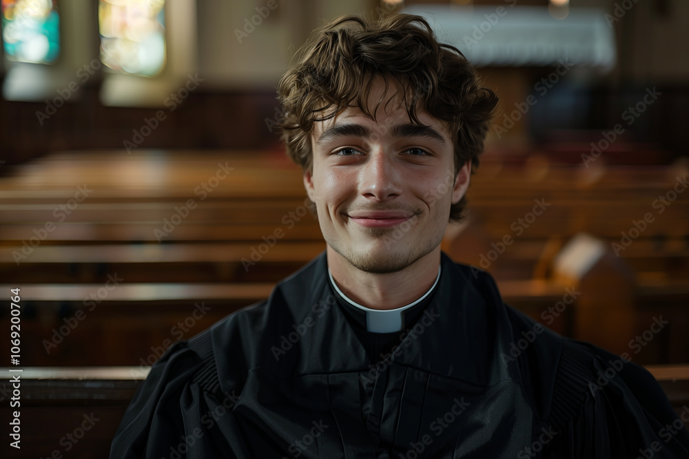 A male priest is in a Christian church.