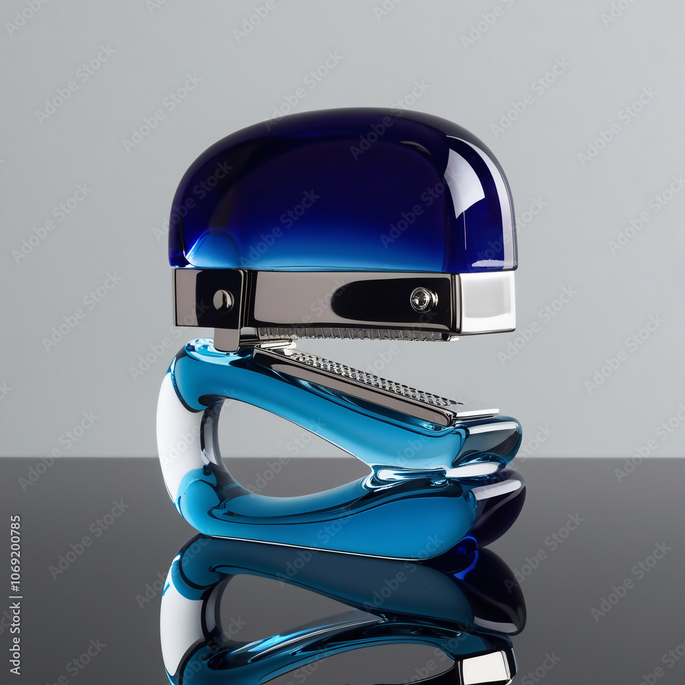 Glass Stapler Sculpture with Blue Gradient Body and Polished Silver Mechanism, Generative AI Glass Stapler Sculpture with Blue Gradient Body and Polished Silver Mechanism, Generative AI