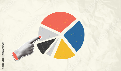 Halftone hand pointing on pie chart diagram part art collage. Business data analysis and market share concept. Modern retro banner vector illustration isolated on ripple paper textured background