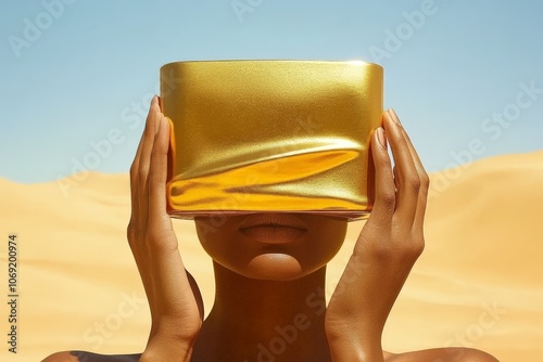 Woman wearing golden VR headset in desert symbolizing luxury immersive technology and futuristic experience in a bold avant garde setting