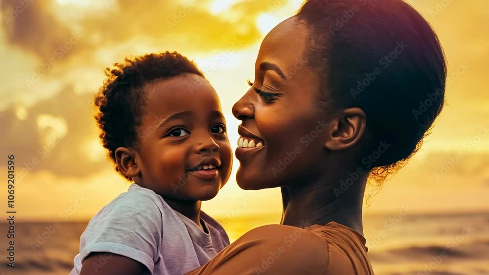 An African woman in her 30s joyfully hugging her young son at the beach during sunset. Their clothing suggests a warm day and the image radiates a relaxed, joyful atmosphere, akin to a family An African woman in her 30s joyfully hugging her young son at the beach during sunset. Their clothing suggests a warm day and the image radiates a relaxed, joyful atmosphere, akin to a family