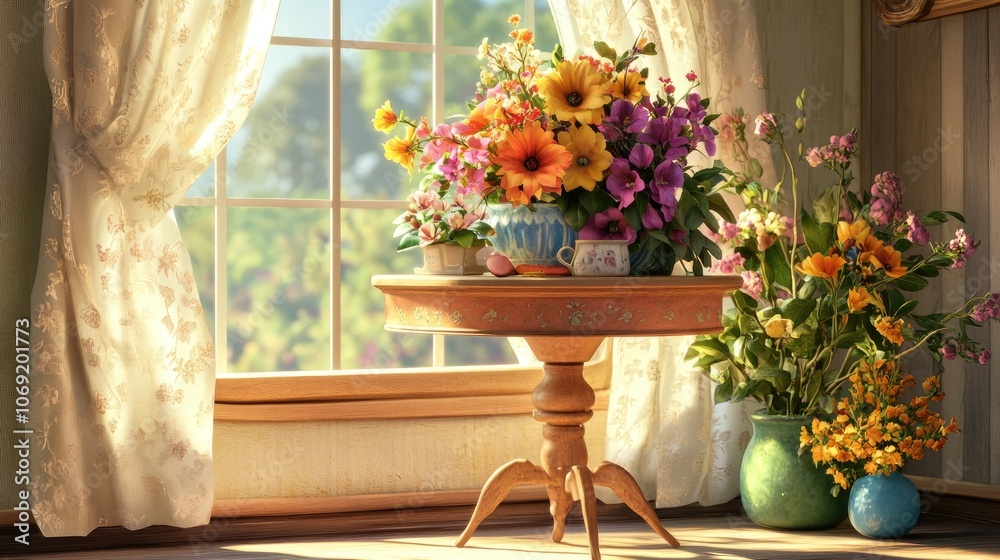 Charming side table adorned with vibrant flowers and stylish decor beside a sunlit window Charming side table adorned with vibrant flowers and stylish decor beside a sunlit window