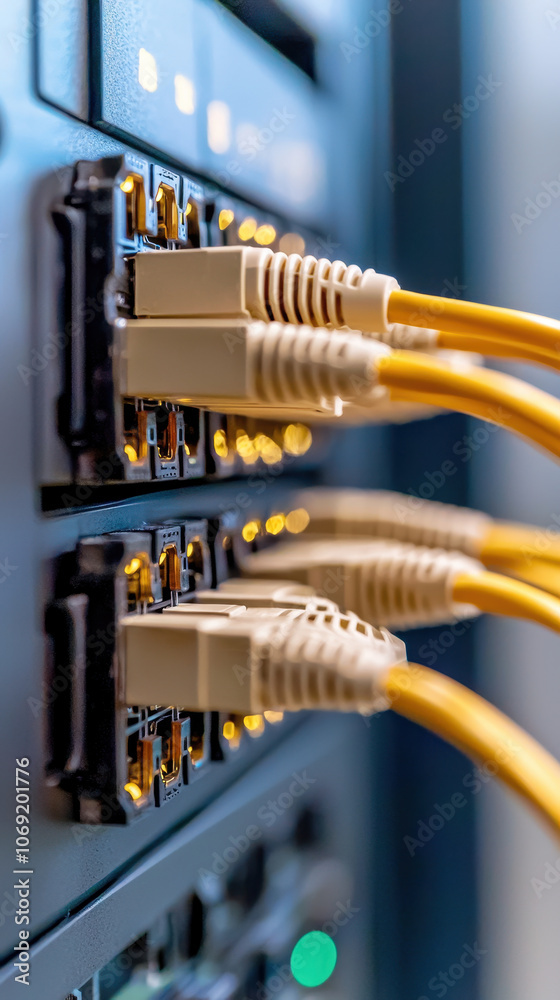 Close up of network cables connected to server, glowing lights indicating data transfer. image showcases intricate details of fiber optics and data pulses