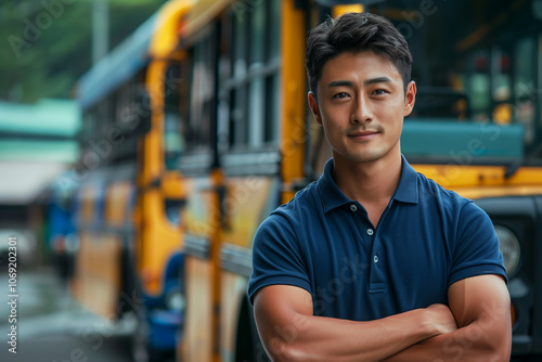 Caucasian male driver smiling with confidence, school bus