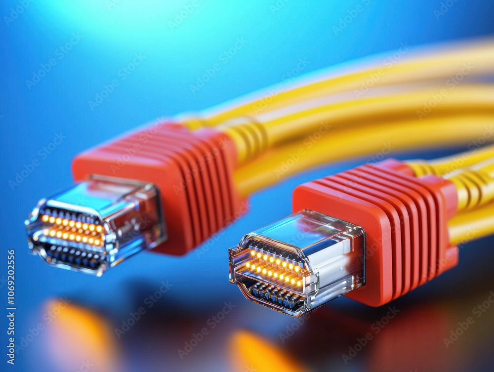 High quality fiber optic cables with vibrant yellow sheathing and red connectors, showcasing advanced technology for urban connectivity and data transmission High quality fiber optic cables with vibrant yellow sheathing and red connectors, showcasing advanced technology for urban connectivity and data transmission