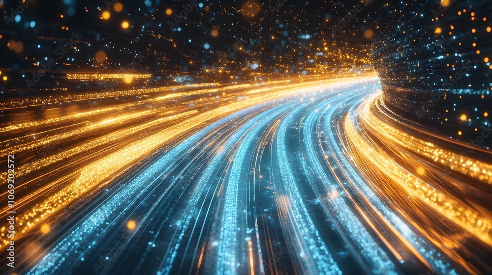 Dynamic science and technology concept with blue and orange light streaks on a race track background, symbolizing speed and digital domain Dynamic science and technology concept with blue and orange light streaks on a race track background, symbolizing speed and digital domain