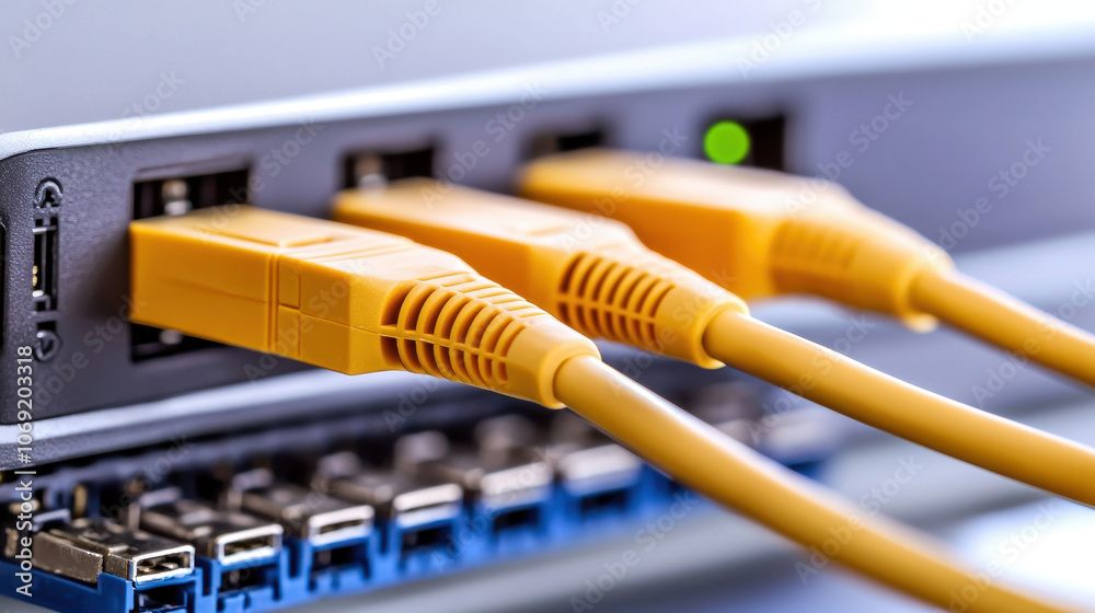 High speed network cables connected to router, showcasing fiber technology setup glowing in purple and blue. image highlights modern connectivity and data transfer High speed network cables connected to router, showcasing fiber technology setup glowing in purple and blue. image highlights modern connectivity and data transfer