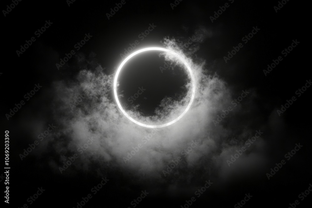 Ethereal glowing circle above a misty surface in a darkened atmosphere at nighttime Ethereal glowing circle above a misty surface in a darkened atmosphere at nighttime