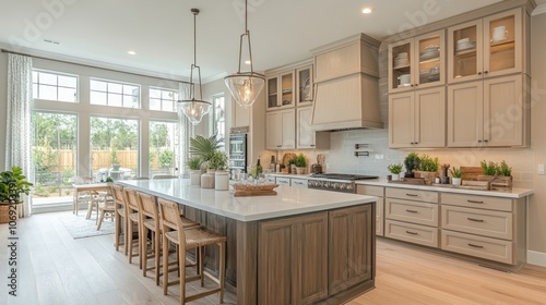 Modern Kitchen with Large Island, White Cabinets, and a View of a Backyard
