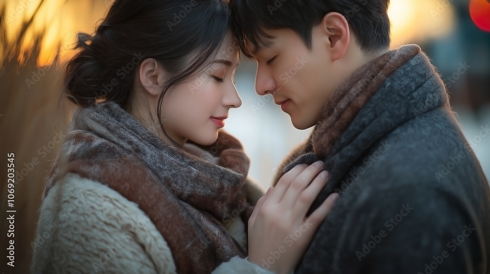 a couple dressed in warm winter clothing, sharing an intimate and heartwarming moment. a couple dressed in warm winter clothing, sharing an intimate and heartwarming moment.