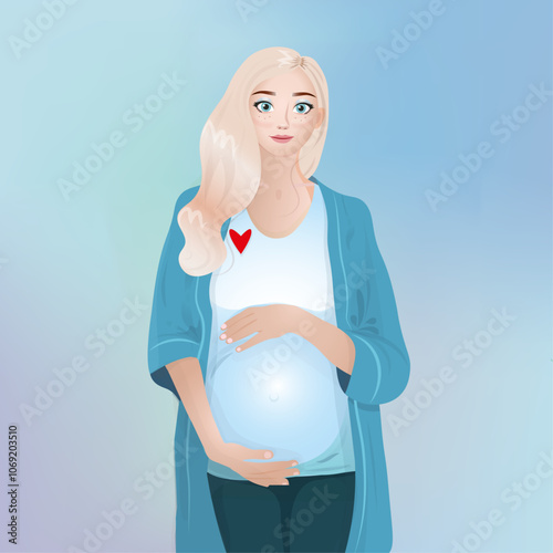 vector illustration of a blonde pregnant woman with a belly standing in a robe and a white T-shirt