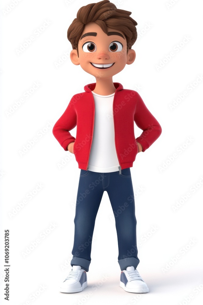 Smiling cartoon boy in red jacket and jeans Smiling cartoon boy in red jacket and jeans