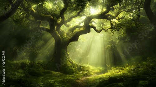 Enchanted forest featuring towering ancient trees, a lush carpet of moss, and beams of sunlight piercing through the dense canopy, creating a magical and mystical atmosphere. photo