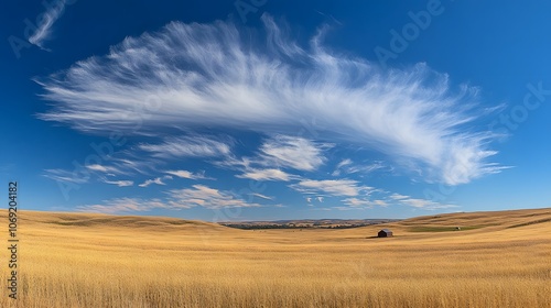 Expansive rolling fields of golden wheat stretch out under a bright blue sky, with a distant barn visible on the horizon photo