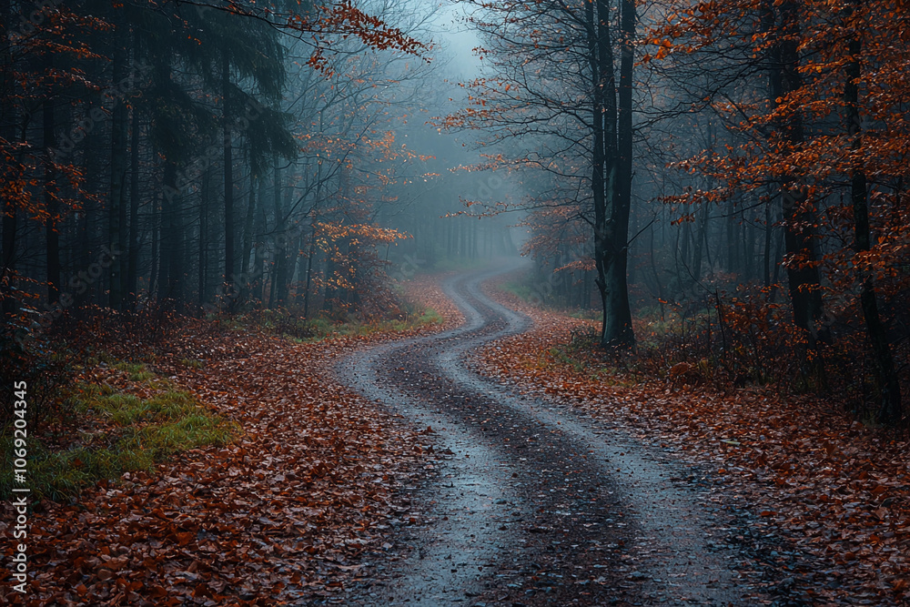 Naklejka premium Winding path through a foggy forest with autumn leaves in the morning