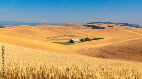 Expansive rolling fields of golden wheat stretch out under a bright blue sky, with a distant barn visible on the horizon photo