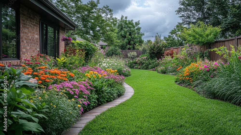 Obraz premium A vibrant garden path winding through colorful flowers on a cloudy afternoon
