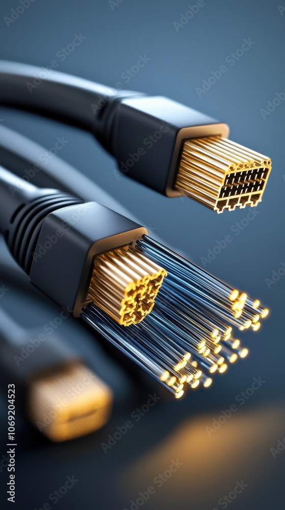 High resolution close up of glowing blue fiber cables showcasing intricate details and vibrant colors, representing advanced technology and connectivity High resolution close up of glowing blue fiber cables showcasing intricate details and vibrant colors, representing advanced technology and connectivity