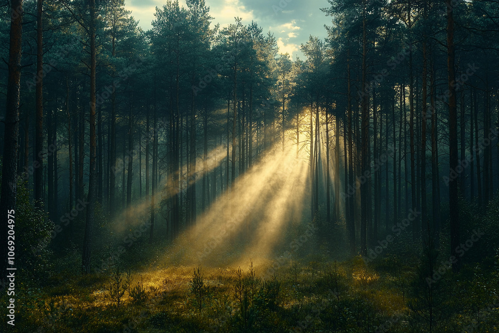 Fototapeta premium Sunlight piercing through trees in a serene forest at dawn