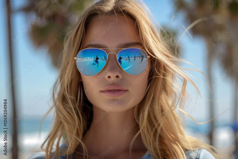 Caucasian female tourist traveling by the sea, wearing sunglasses Caucasian female tourist traveling by the sea, wearing sunglasses