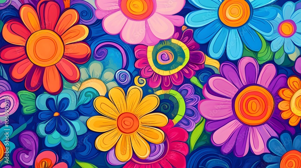 Flower power hippie multicolored daisy psychedelic background illustration with vivid colors and swirling patterns Flower power hippie multicolored daisy psychedelic background illustration with vivid colors and swirling patterns