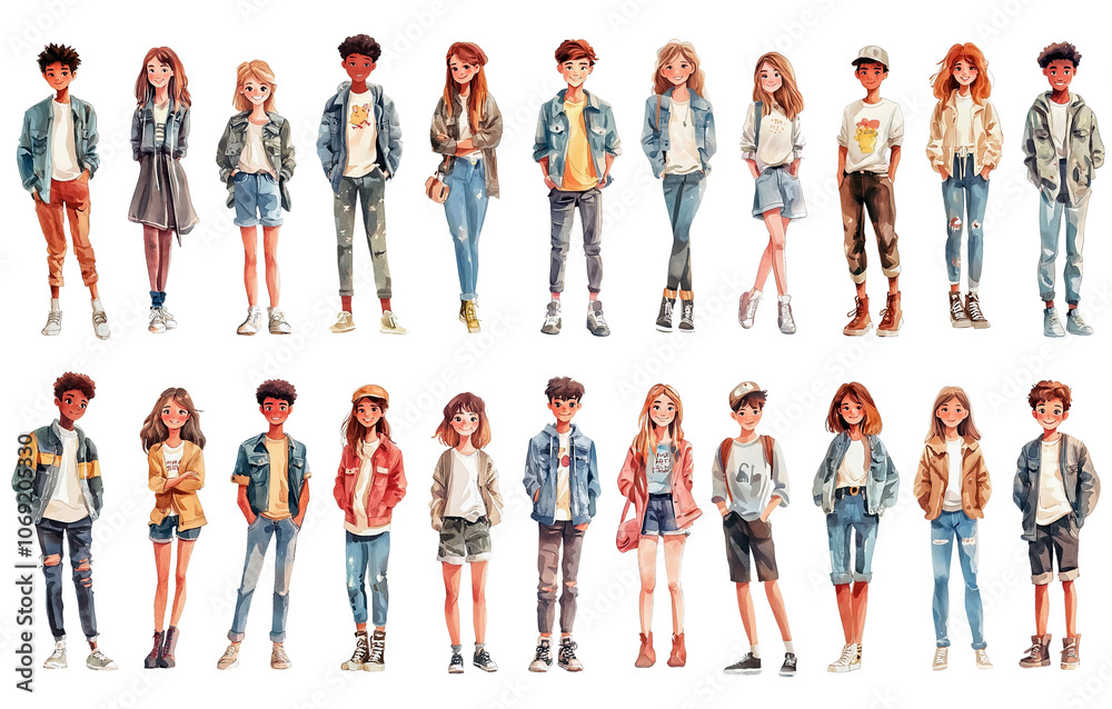 Fototapeta premium Collection of cartoon teenager in casual clothes. Beautiful young people, boys and girls teens. Isolated full length characters on white background