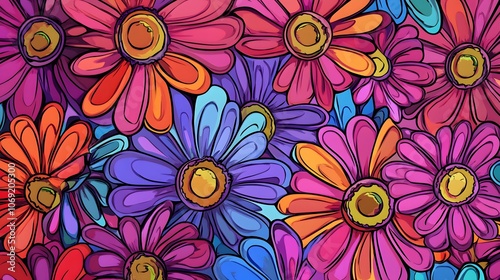 Flower power hippie multicolored daisy psychedelic background illustration with vivid colors and swirling patterns