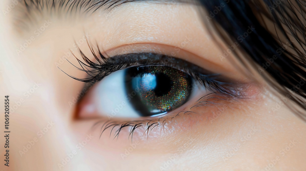 Obraz premium An extreme close-up shot of a beautiful young Asian woman's eye, with her vibrant and colorful contact lens.