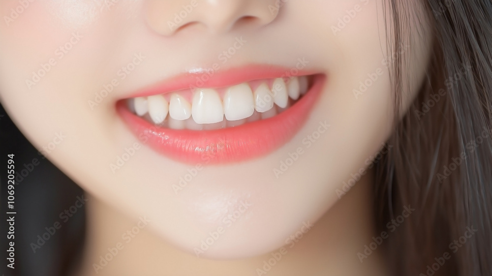Fototapeta premium An extreme close-up shot of a beautiful young Asian woman's radiant white teeth as she proudly presents her smile. 