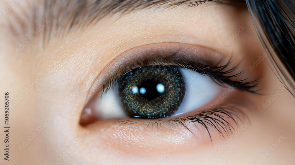 Obraz premium An extreme close-up shot of a beautiful young Asian woman's eye, with her vibrant and colorful contact lens. 
