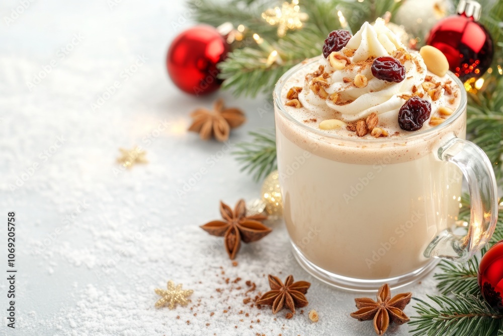 Traditional Scandinavian glgg served in a transparent mug with festive decorations and spices for holiday warmth Traditional Scandinavian glgg served in a transparent mug with festive decorations and spices for holiday warmth