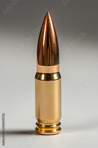 Closeup of a bullet cartridge, golden casing and copper tip, isolated on white, sharp and detailed isolated white background photo