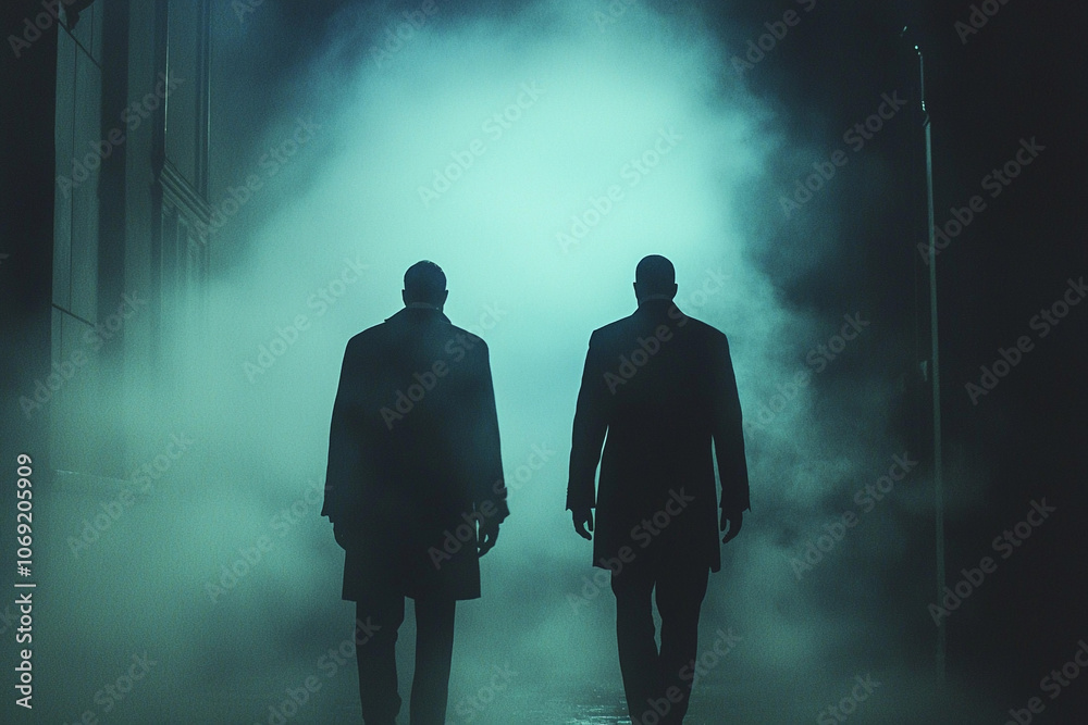 Two figures walking through fog on a dimly lit street at night Two figures walking through fog on a dimly lit street at night