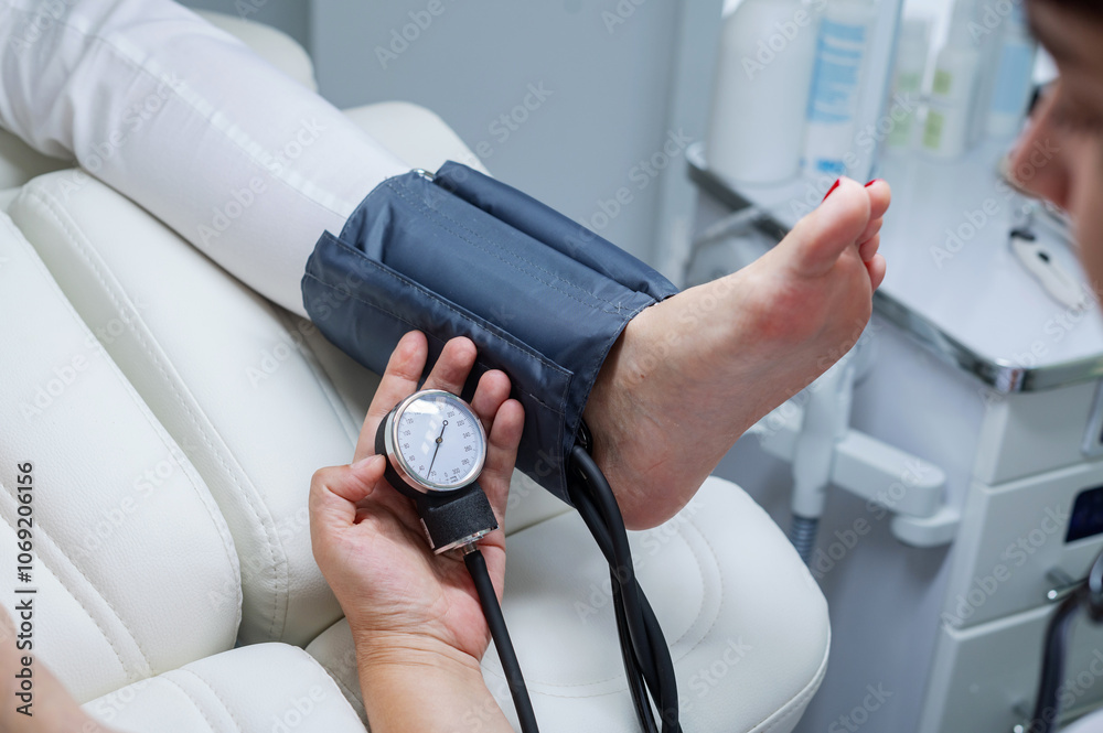 A podologist measures blood pressure on the leg. Patient on medical pedicure procedure, visiting podiatrist. Foot treatment in SPA salon.Podiatry clinic