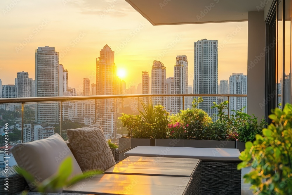 Fototapeta premium Sunset view from a balcony overlooking a vibrant urban skyline with lush plants in the foreground