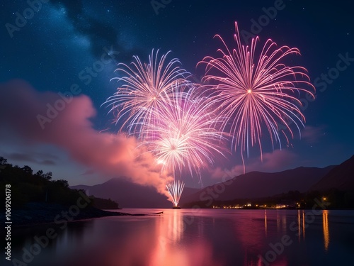 fireworks over the river - Stunning Fireworks Display Over Calm Lake with Reflections at Night  photo