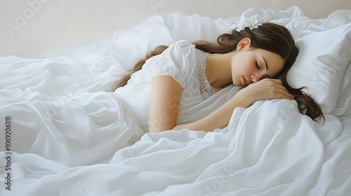 A woman in white dress with flower in her hair is sleeping in a bed covered with white linens.