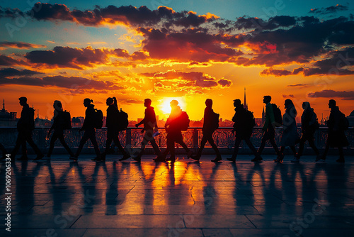 Silhouettes of people walking against a vibrant sunset in the city