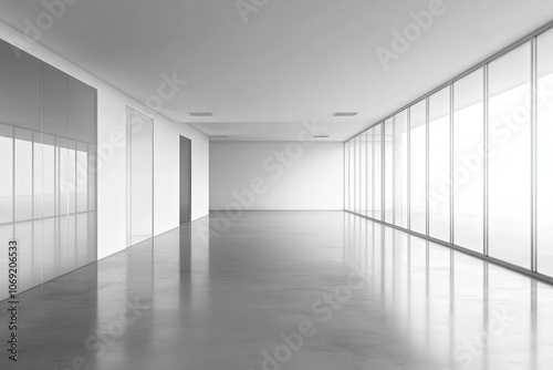 A spacious, modern office interior with floor-to-ceiling windows and polished concrete floors, offering ample natural light during daytime