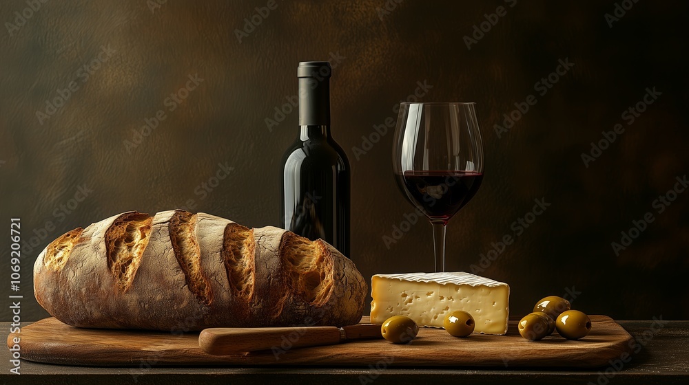 Fototapeta premium A rustic wooden board featuring a crusty loaf of bread, a glass of red wine, cheese, and olives arranged for an evening feast