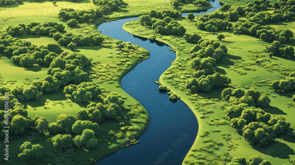 Aerial view of the Fox River winding through a picturesque prairie landscape showcasing vibrant greenery and serene waterway reflections Aerial view of the Fox River winding through a picturesque prairie landscape showcasing vibrant greenery and serene waterway reflections