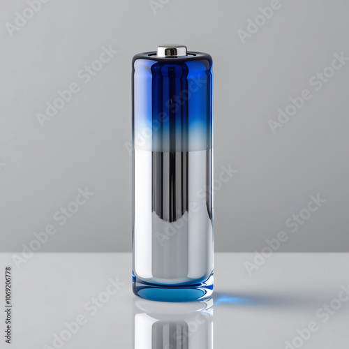 Glass sculpture of an AA battery with a reflective blue-to-silver gradient, showcasing modern design and craftsmanship on a light gray background, generative ai photo