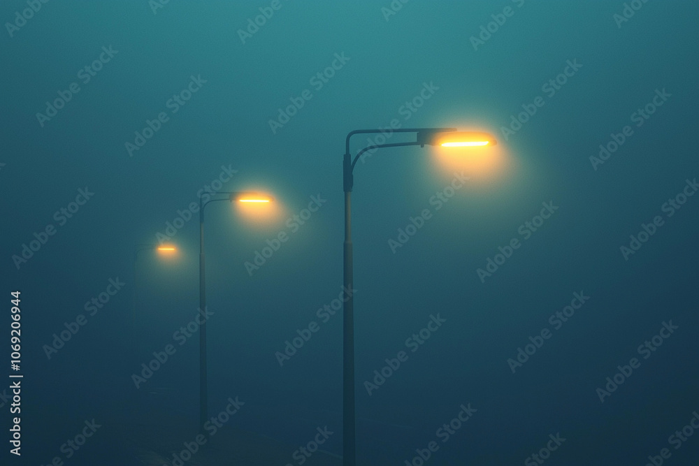 Foggy street illuminated by lanterns in a quiet night setting Foggy street illuminated by lanterns in a quiet night setting