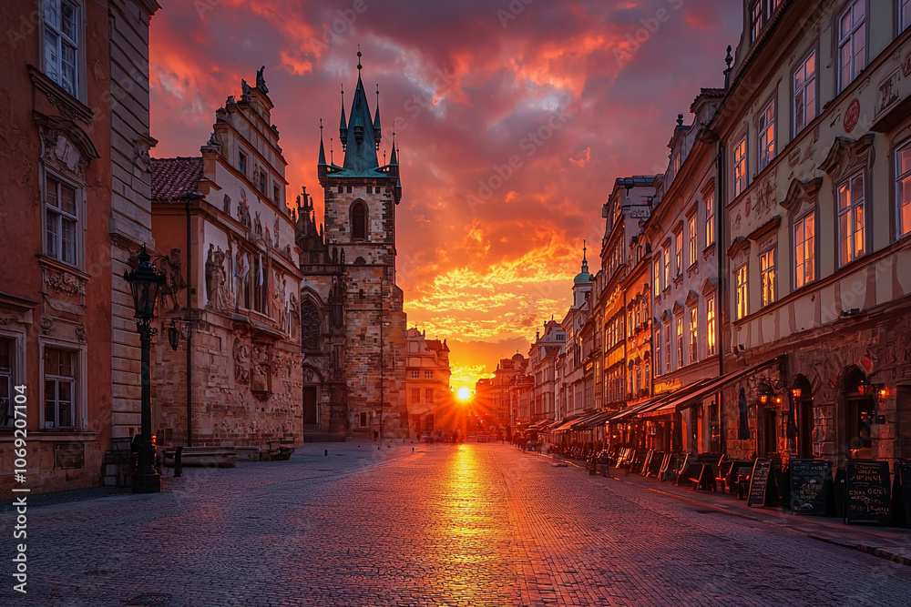 Fototapeta premium Stunning sunset over a historic town square in Prague