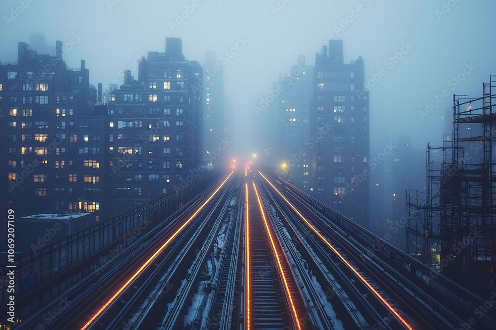 Fototapeta premium Foggy evening with illuminated train tracks in a city skyline