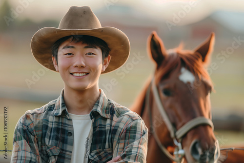 Asian man smiling with confidence at a horse farm, he is raising horses in the farm