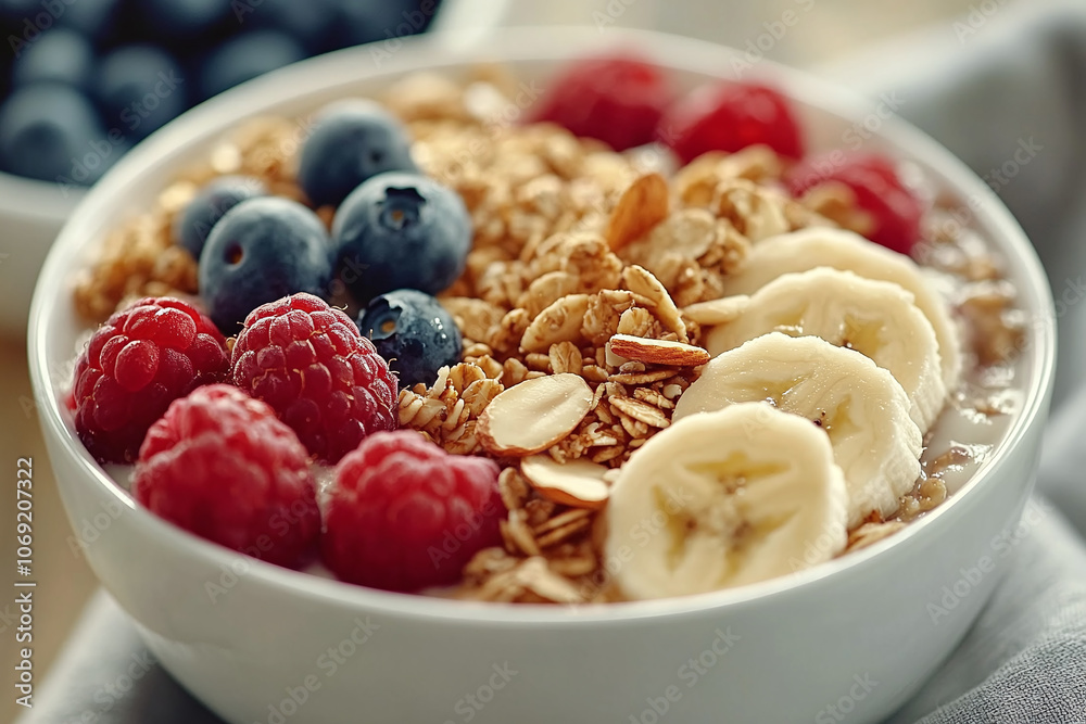 Breakfast Oatmeal Bowl of Creamy Oats with Bananas, Nuts and Berries, Healthy Eating Breakfast Oatmeal Bowl of Creamy Oats with Bananas, Nuts and Berries, Healthy Eating