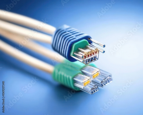 High quality close up of network cables with connectors, showcasing intricate details and vibrant colors. Ideal for technology and communication themes